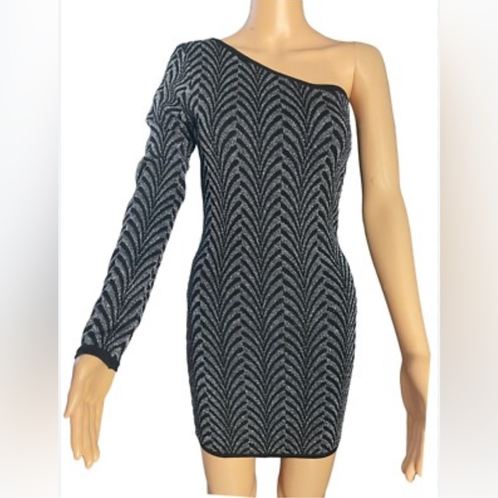 Marciano Guess Black & Silver One Shoulder Long Sleeves Mini Dress Bodycon